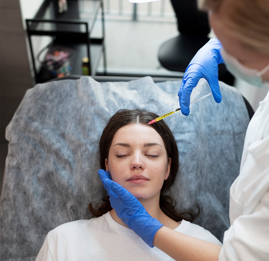 Cosmetic surgeon performing facial injection treatment in a medical setting
