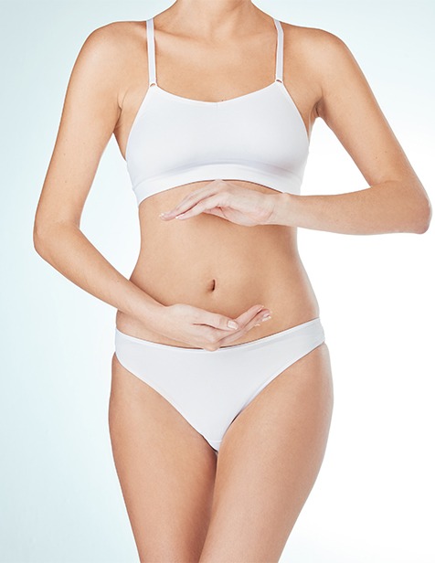 hands-to-abdomen pose, oak brook no-drain tummy tuck shape
